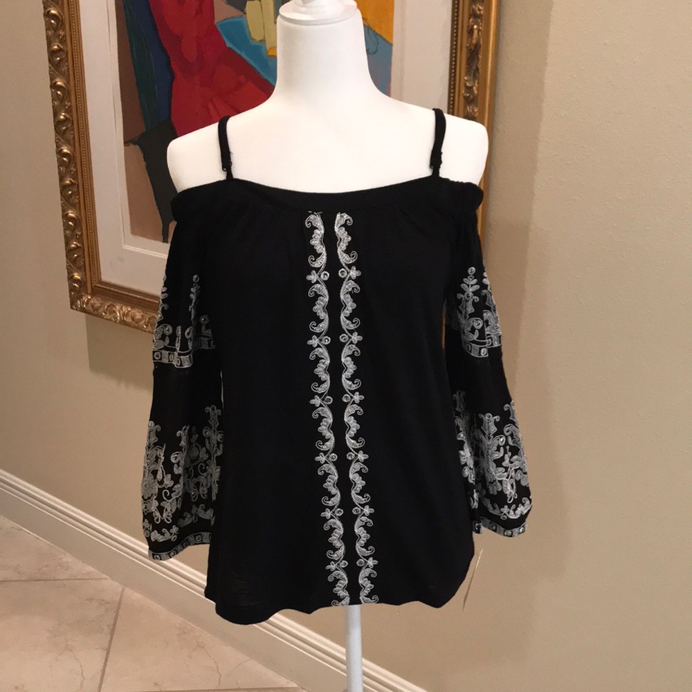 INC Black/Silver Embroidered Off Shoulder Blouse